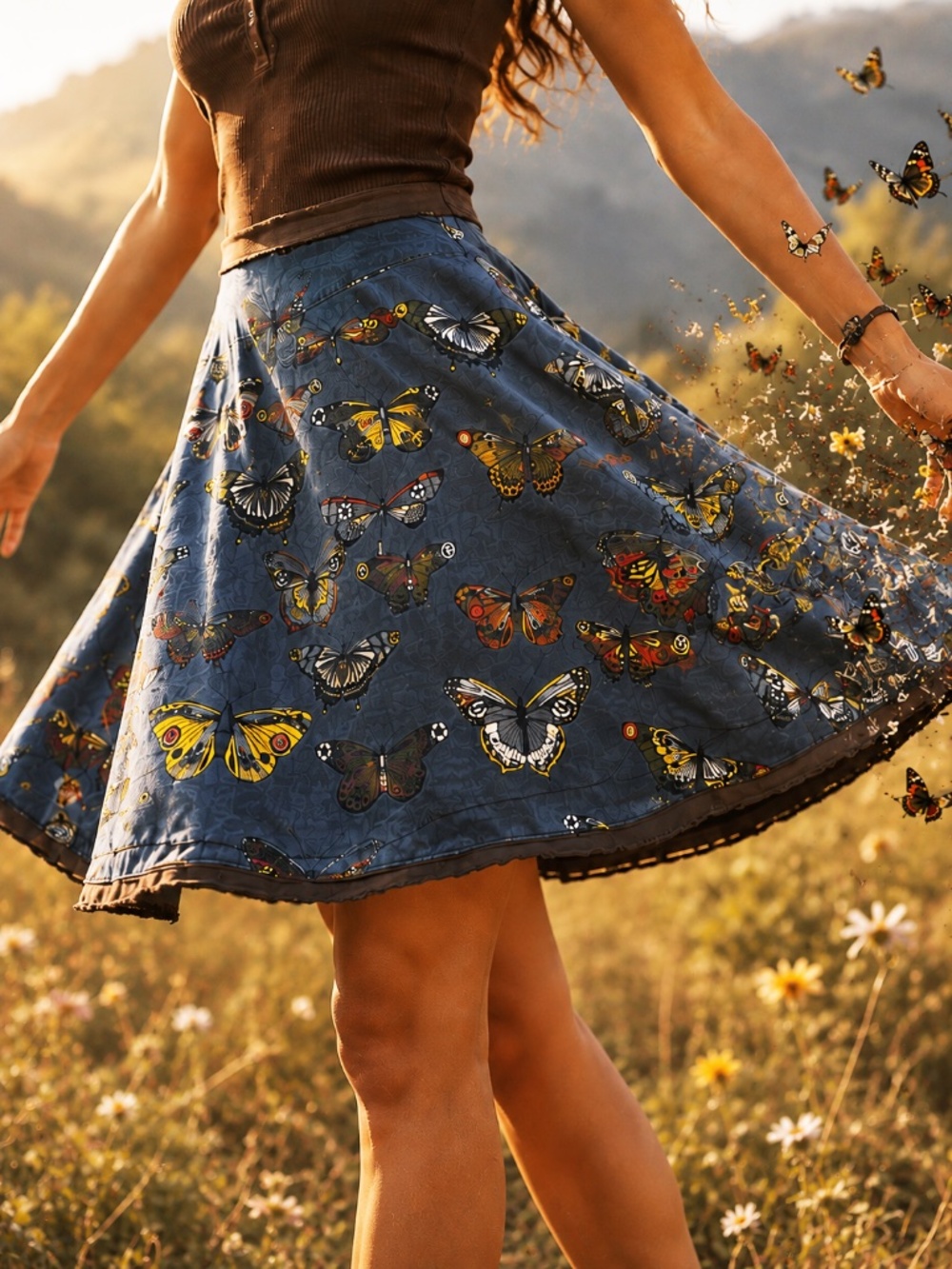 Miss Sixty Butterfly Print Flare Skirt Brown Lightweight Blue Denim Size M Y2K